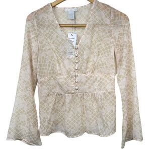 Design History Sheer Wheat Combo Color Diamond Print V Neck Blouse Size XS NWT